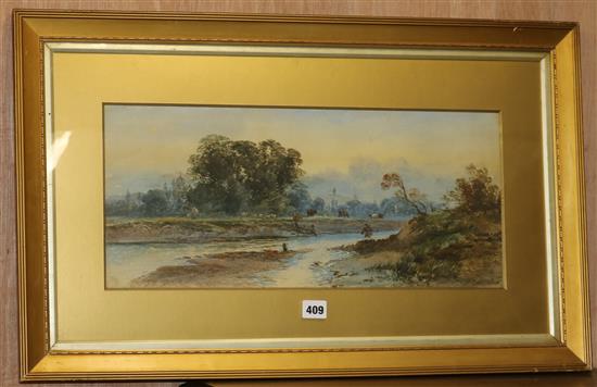 William Earp, watercolour, angler in a river landscape, signed, 22 x 51cm